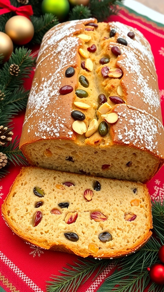 Festive Christmas Bread Recipes A festive loaf of Christmas bread with dried fruits and nuts, glazed with powdered sugar, on a holiday table.